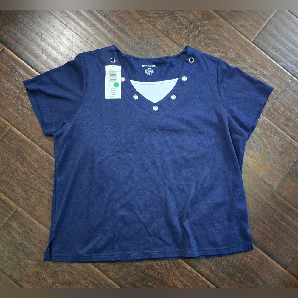 Bon Worth Womens Blue V Neck Casual Blouse Petite Medium
